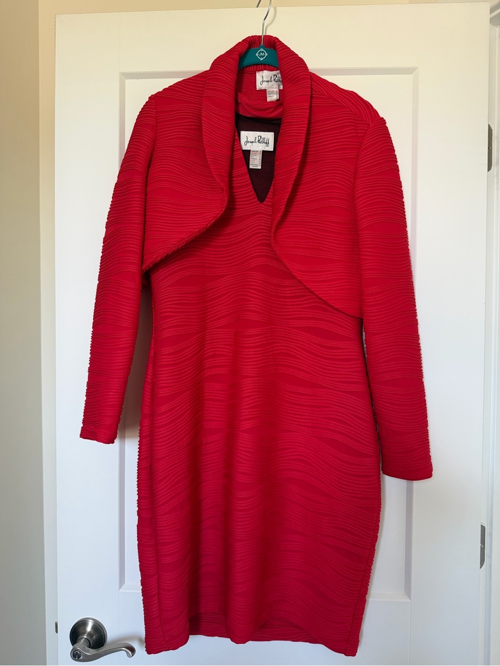 Jessica Howard Vibrant Red Textured Long Sleeve Dress with Shawl Collar